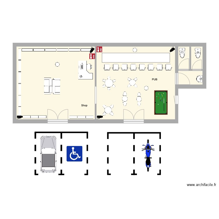 Shop and PUB 1. Plan de 3 pièces et 58 m2