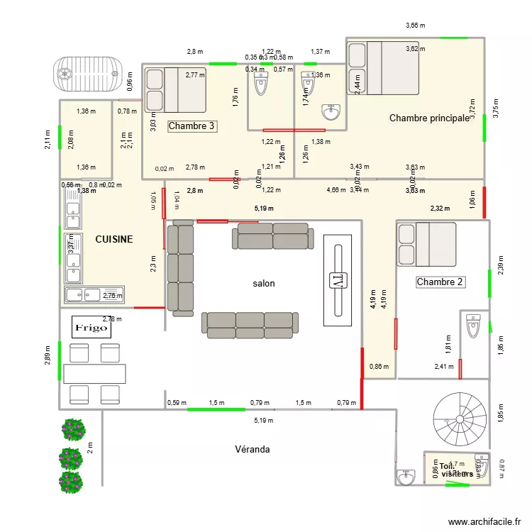 plan 3 chambres salon cuisine. Plan de 5  et 57 m²