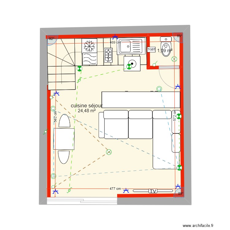 clavin gite cuisine. Plan de 2 pièces et 28 m2