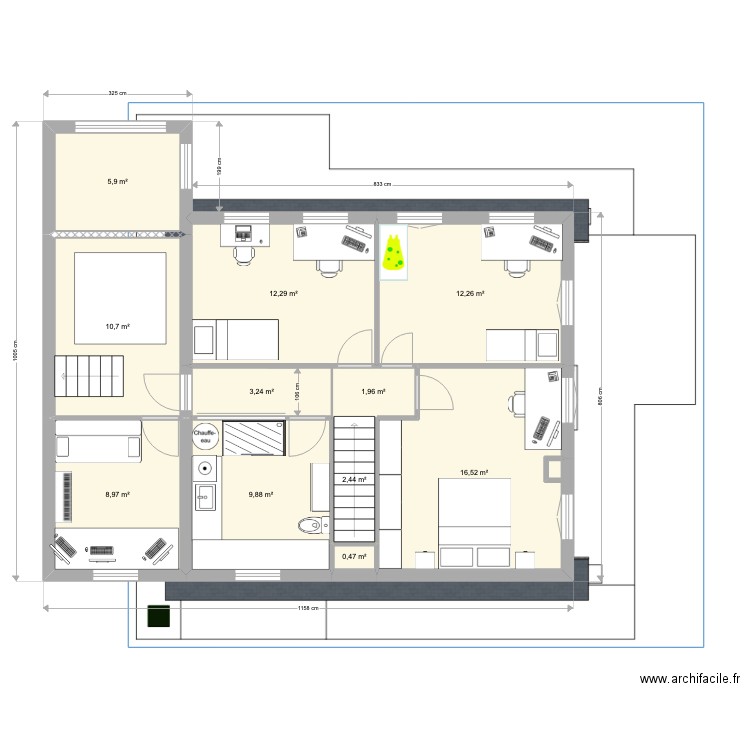 Etage depuis le plan de l'existant V2. Plan de 11 pièces et 85 m2