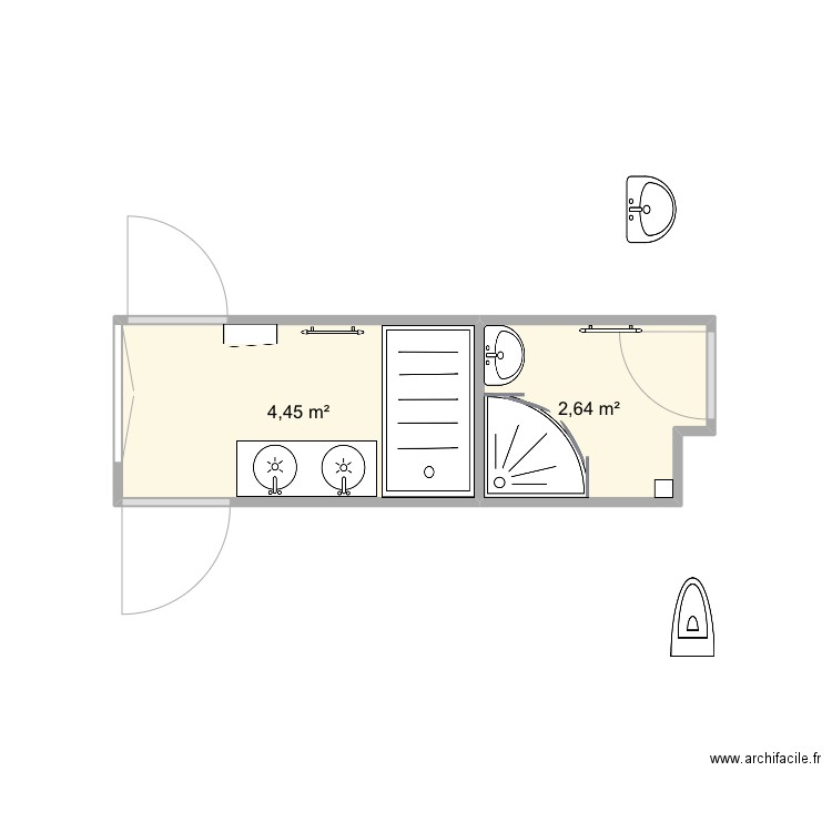 Salle de bain 2b. Plan de 2 pièces et 7 m2