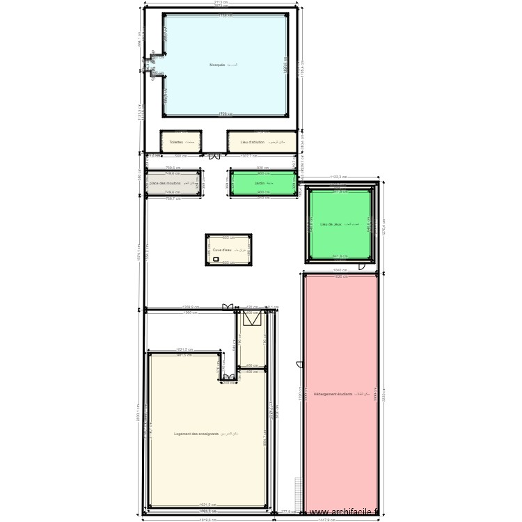 Schema general Mosque maison Imam loge etudiand accessoires. Plan de 15 pièces et 2098 m2