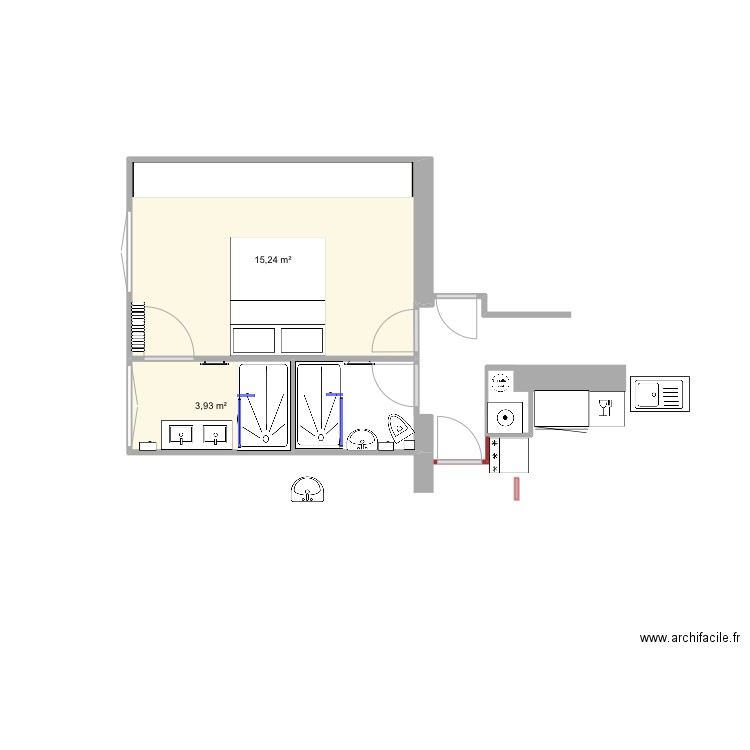 Salle de bain chambre3. Plan de 2 pièces et 19 m2