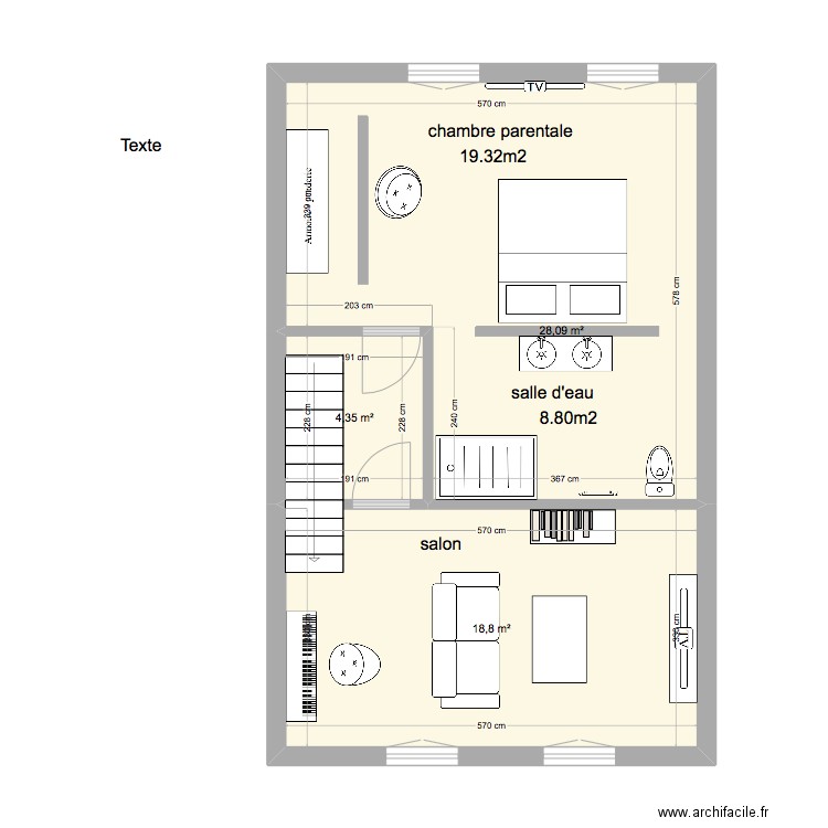 1er étage . Plan de 3 pièces et 51 m2