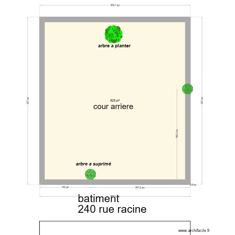 abattage  d'un arbre dans cour arrière. Plan de 1 pièce et 58 m2