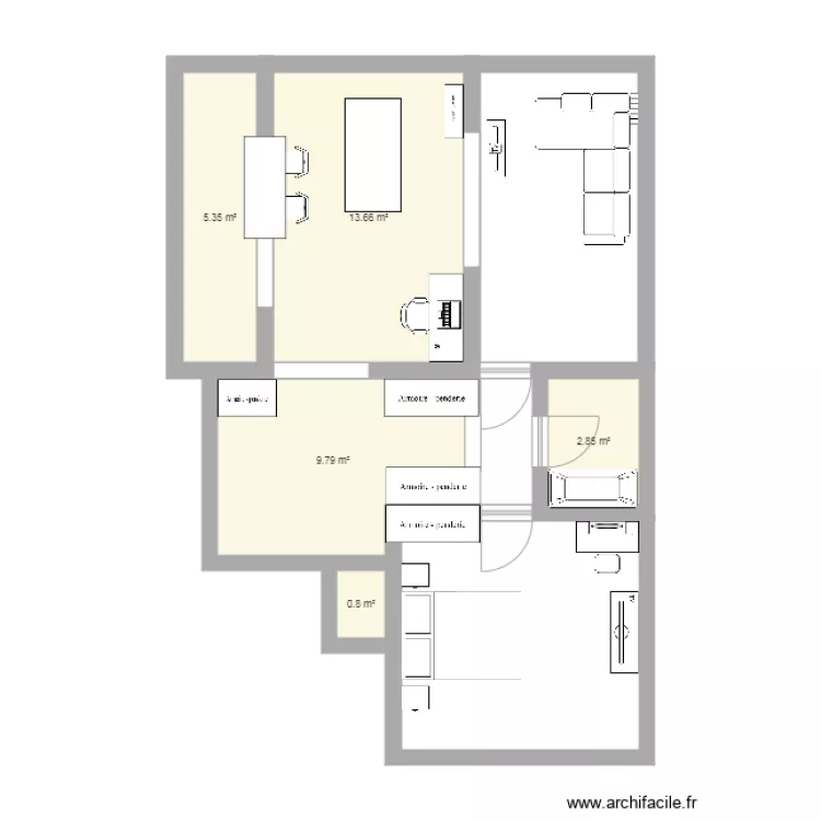 Double s&eacute;jour meubles actuels. Plan de 