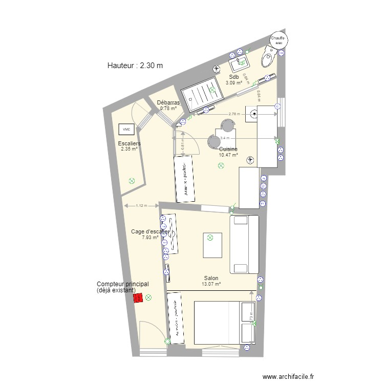 rdc meublé compteur existant. Plan de 0 pièce et 0 m2