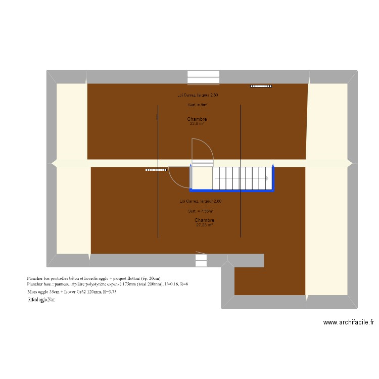 Combles. Plan de 7 pièces et 72 m2