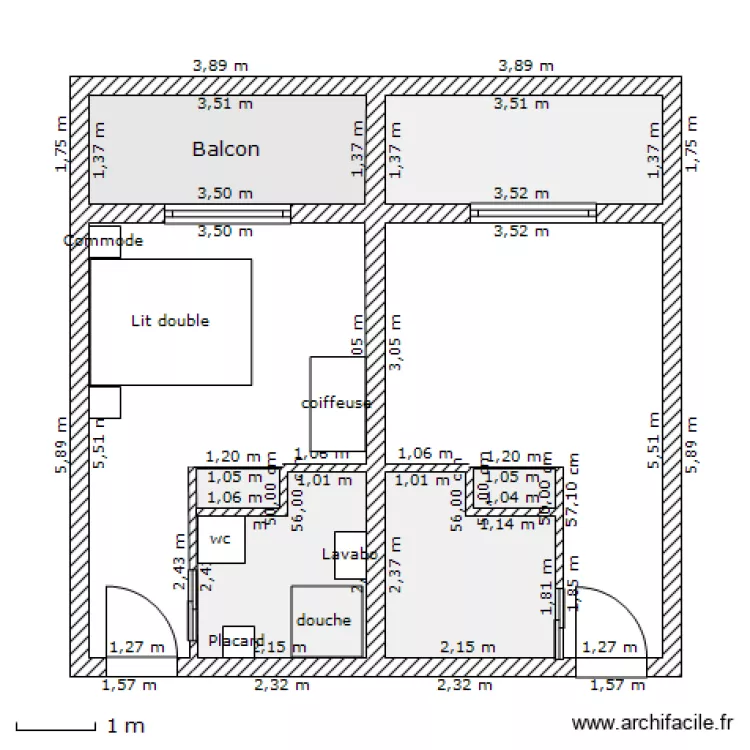 Chambres lit double. Plan de 