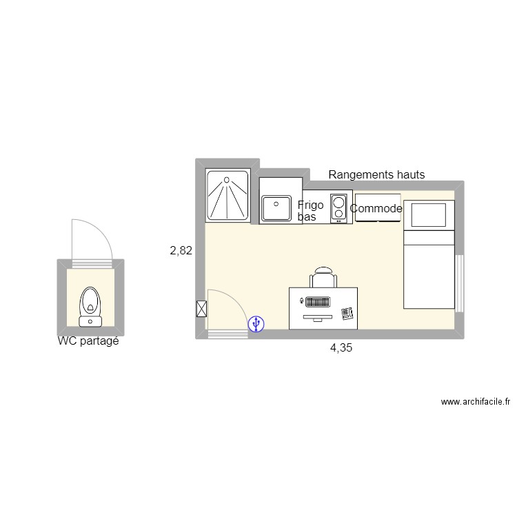 25 Bosquet. Plan de 2 pièces et 12 m2