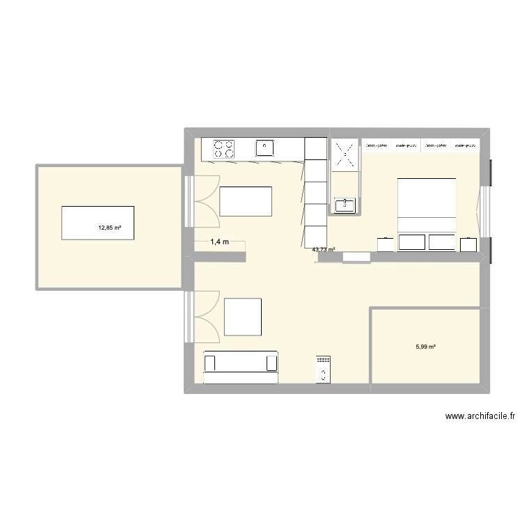 Chambre. Plan de 3 pièces et 63 m2