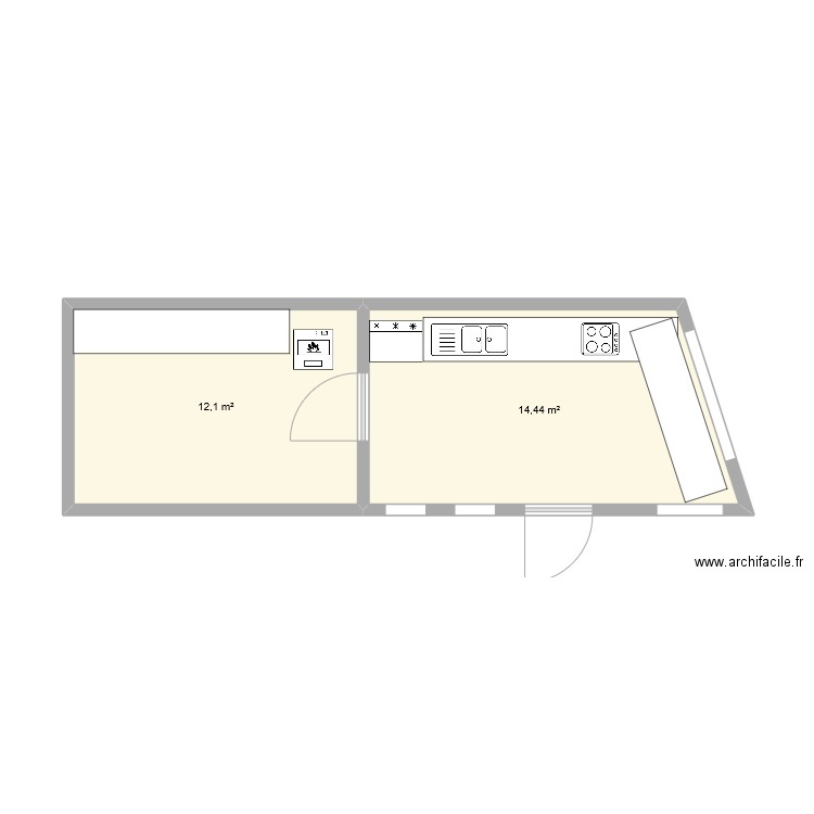 Cuisine Veranda. Plan de 2 pièces et 27 m2