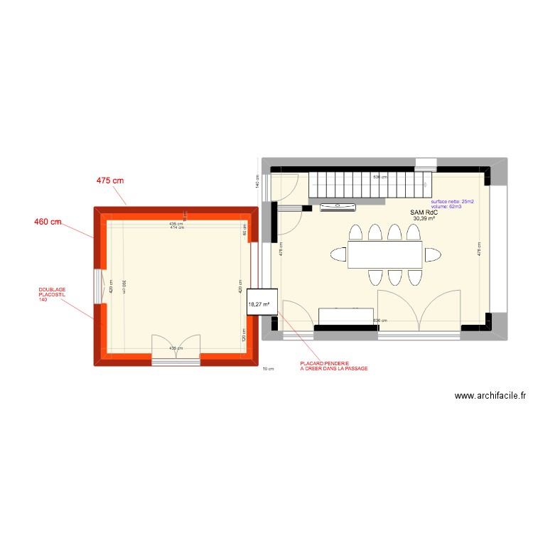 EXTENSION (cuisine) amenagement BASTIDON. Plan de 2 pièces et 49 m2