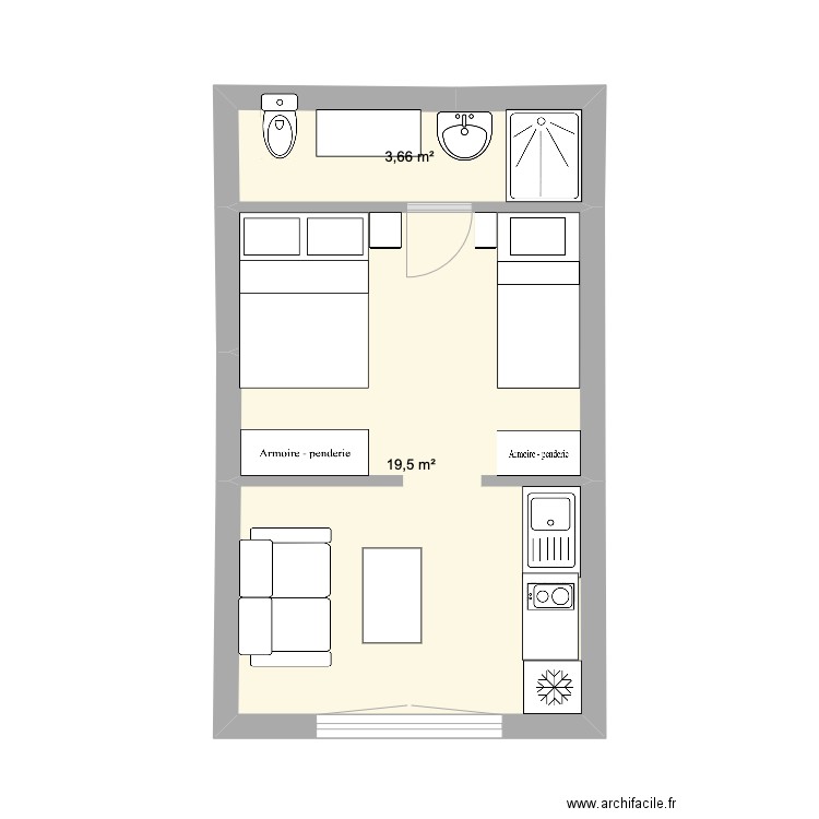 Plan 3 studio Moulin. Plan de 2 pièces et 23 m2