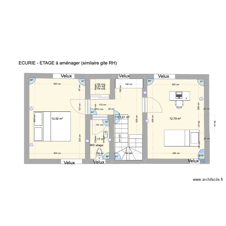 Plan Ferme Treb - Etage à aménager. Plan de 5 pièces et 36 m2