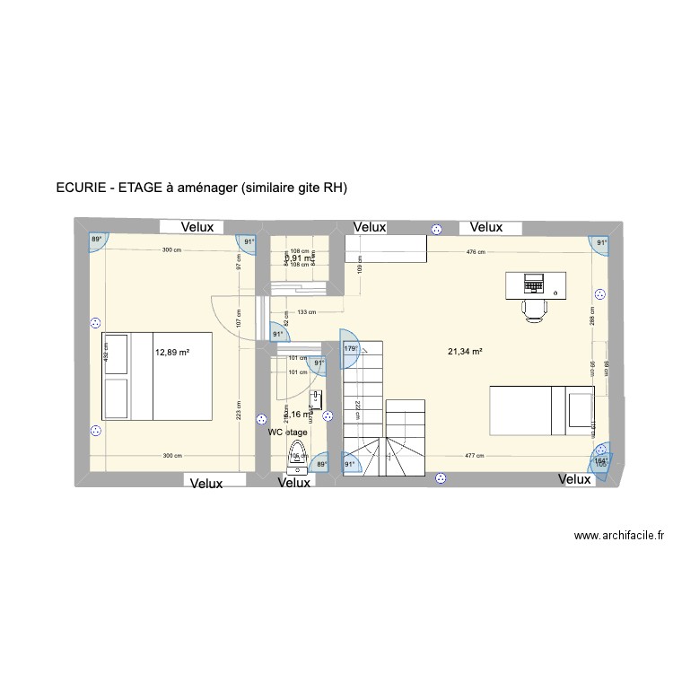 Plan Ferme Treb - Etage à aménager. Plan de 4 pièces et 37 m2