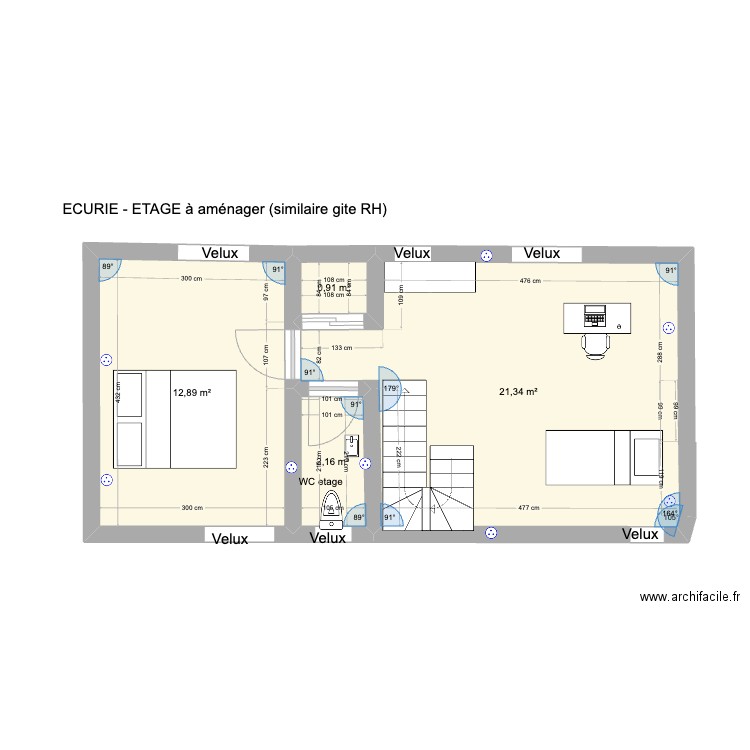 Plan Ferme Treb - Etage à aménager. Plan de 5 pièces et 36 m2