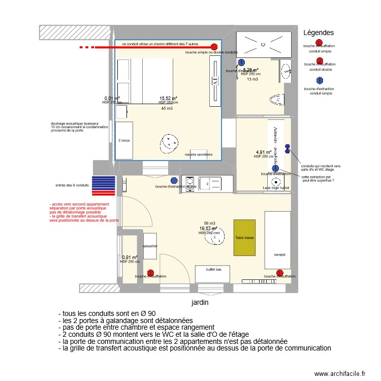 plan appart pour VMC. Plan de 6 pièces et 46 m2