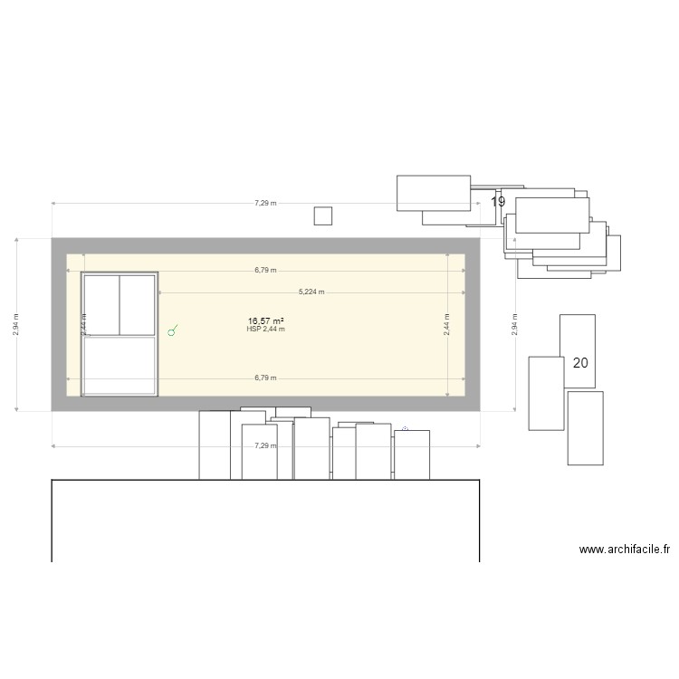  atelier coté salon nu. Plan de 1 pièce et 17 m2