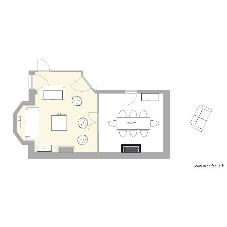salon panaget. Plan de 2 pièces et 42 m2