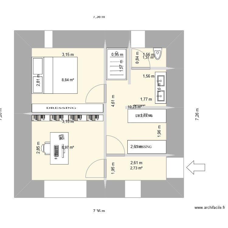 chambre avec dressing U. Plan de 5 pièces et 32 m2
