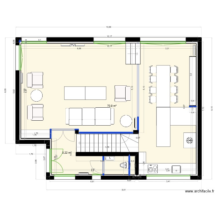 RDC modife location. Plan de 3 pièces et 71 m2