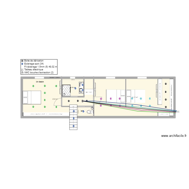 ZAZ étage Eclairage. Plan de 3 pièces et 59 m2