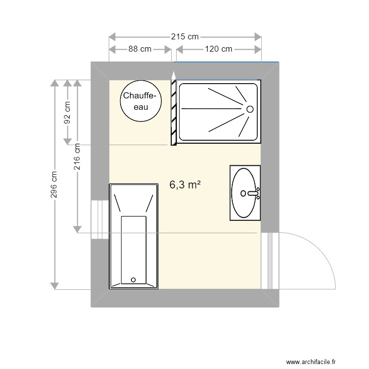 SDB bas. Plan de 1 pièce et 6 m2