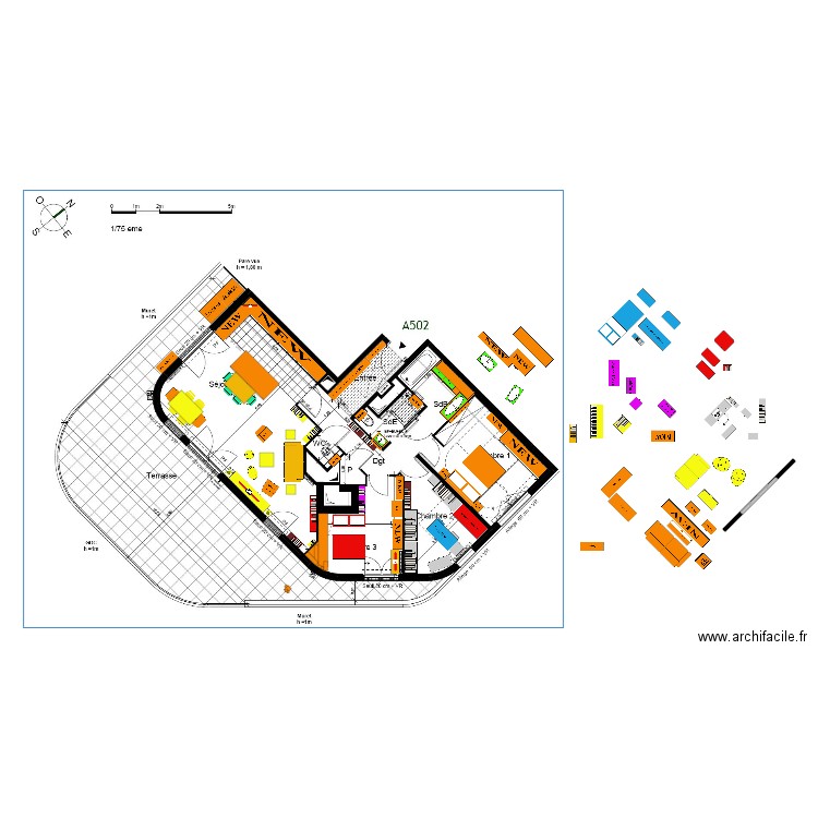 FINAL plan indice 23 sdb double vasque angle sans galandage canapé face terrasse Armoire CELIO 240 in Ch 4  et Pantalonniere in Ch 3 Piano out. Plan de 0 pièce et 0 m2