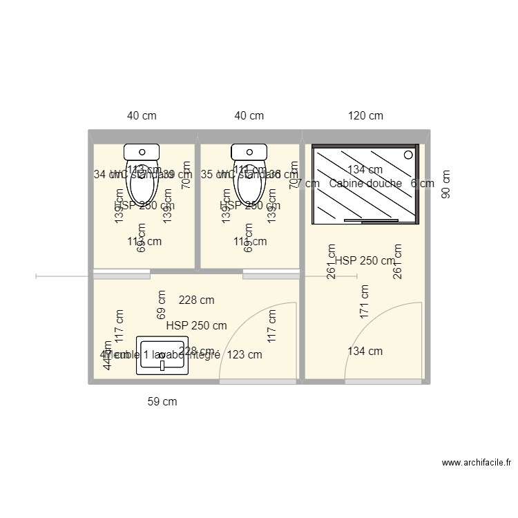 Viroflay Sanitaires. Plan de 4 pièces et 9 m2