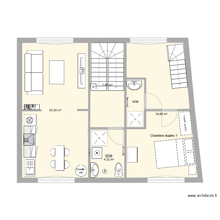 Plan duplex étage octobre 2021. Plan de 5 pièces et 57 m2