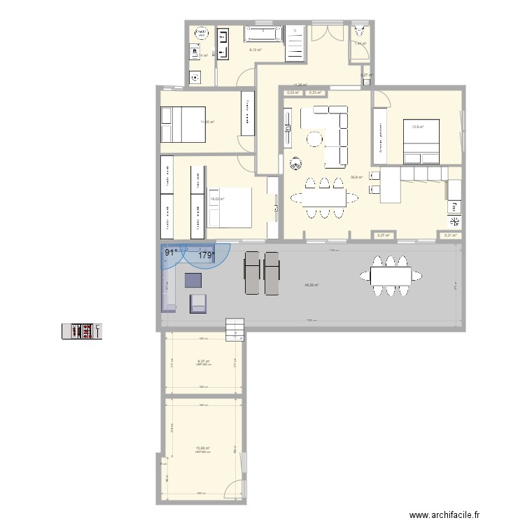 extension Roubaix. Plan de 16 pièces et 179 m2