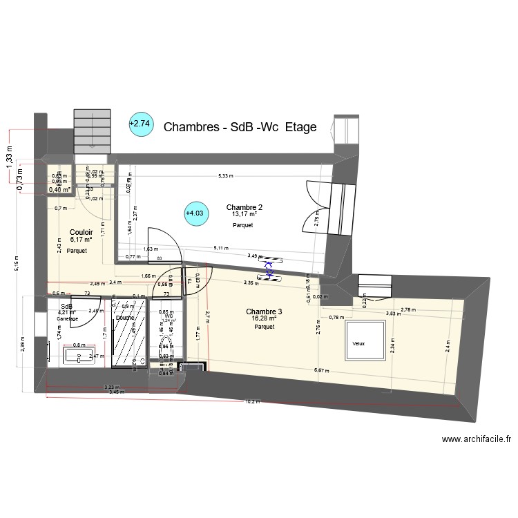 Chambres. Plan de 7 pièces et 42 m2