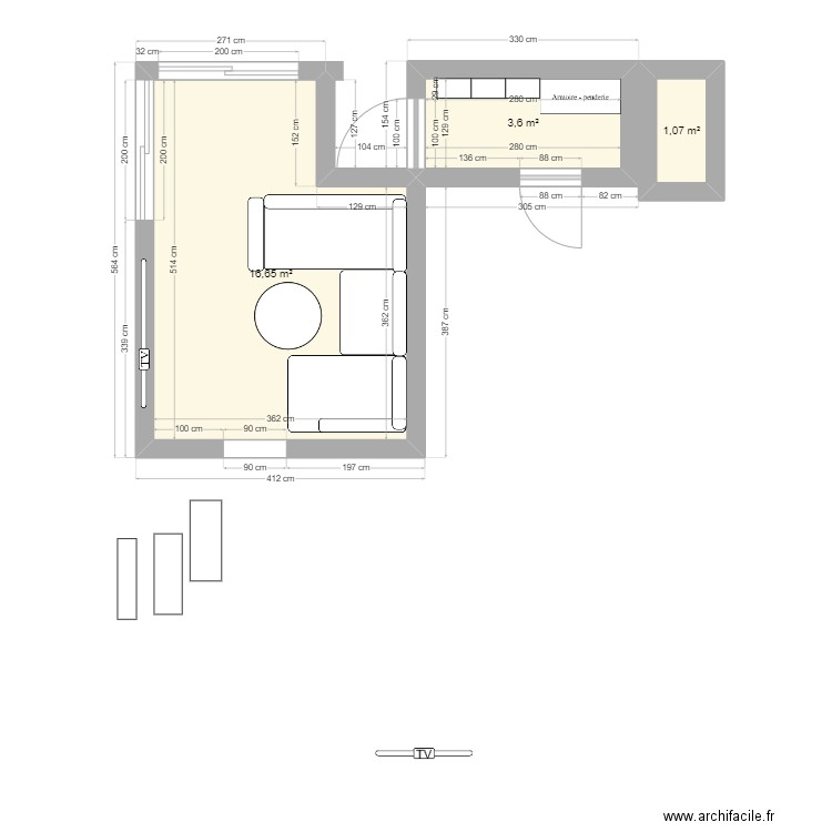 salon 2. Plan de 3 pièces et 21 m2