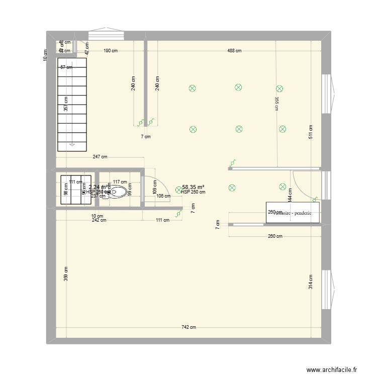 CLUZEAUD HOVAERE rdc salon réduit. Plan de 2 pièces et 61 m2