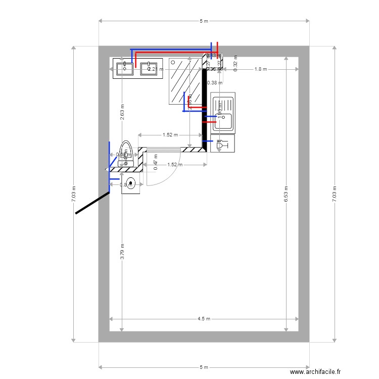 réseau eaux. Plan de 3 pièces et 29 m2