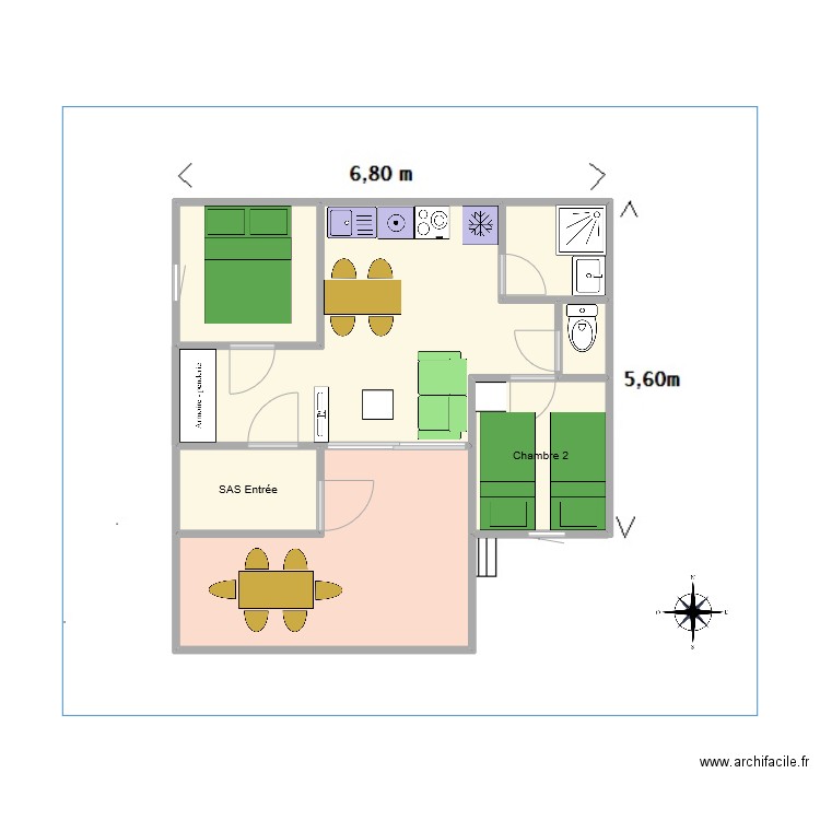 Chalet bois confort 34m². Plan de 7 pièces et 42 m2