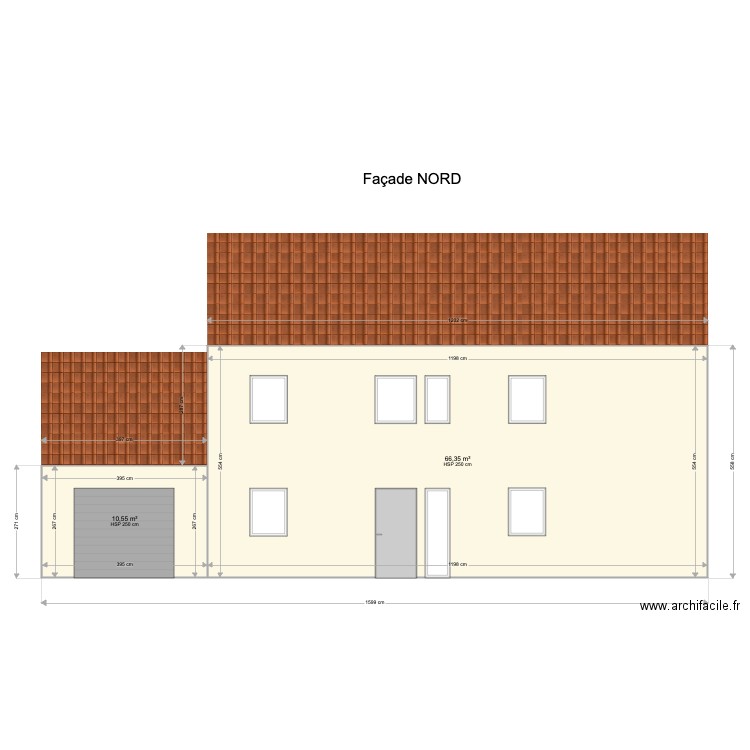 facade. Plan de 2 pièces et 77 m2