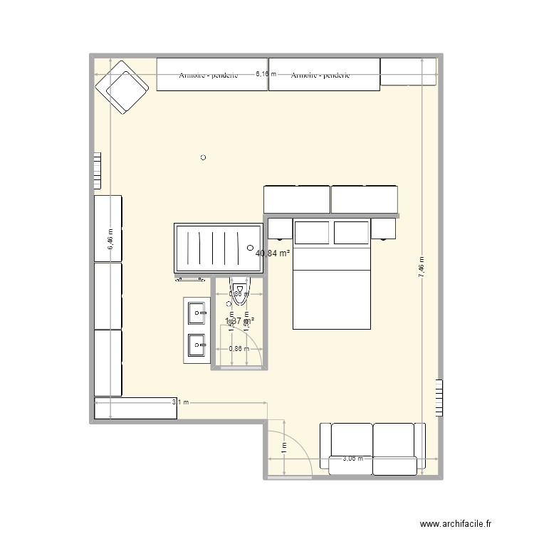 chambre. Plan de 2 pièces et 44 m2