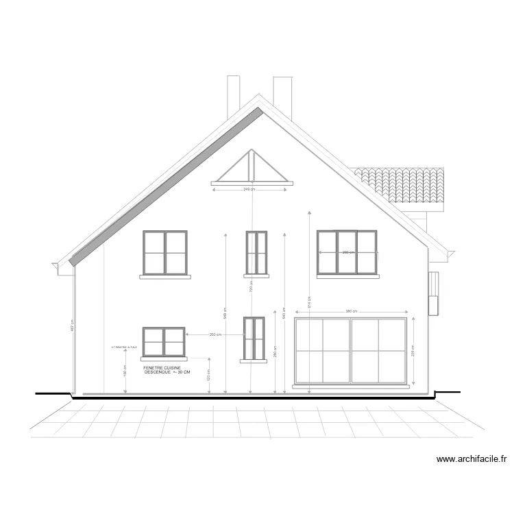 FACADE  ARRIERE FENETRE TRIANGLE   COTE  JARDIN . Plan de 