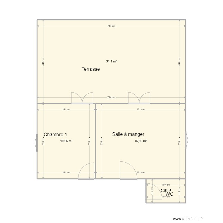 Tignet Terrasse - Chambre 1 - Salle à manger. Plan de 4 pièces et 61 m2