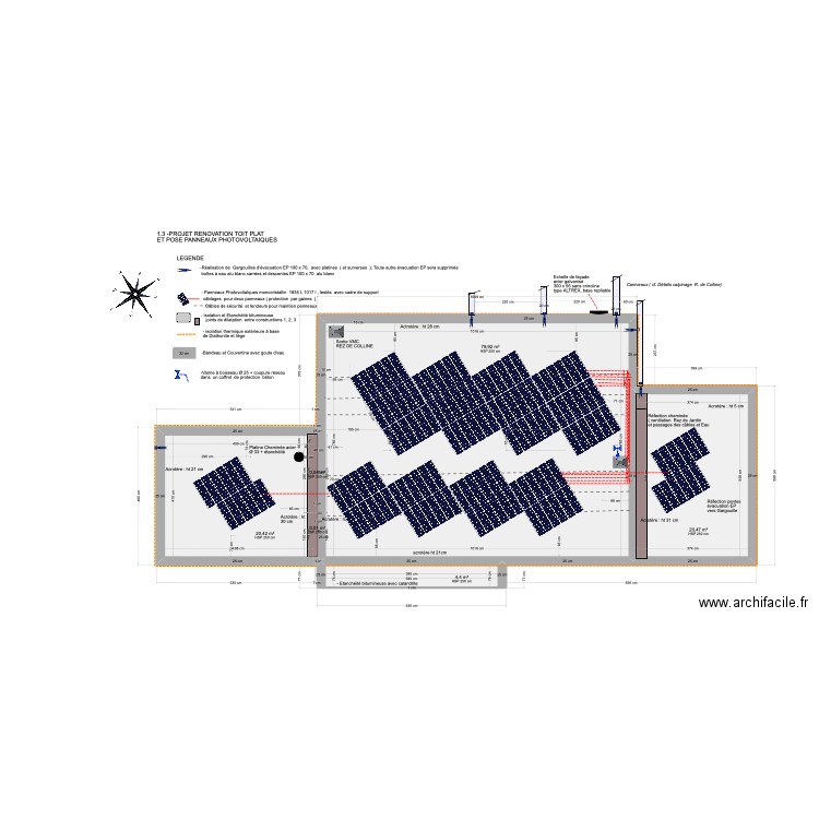 1.3 -PROJET RENOVATION TOIT PLAT  ET POSE PANNEAUX  PHOTOVOLTAIQUES 1/75. Plan de 6 pièces et 125 m2