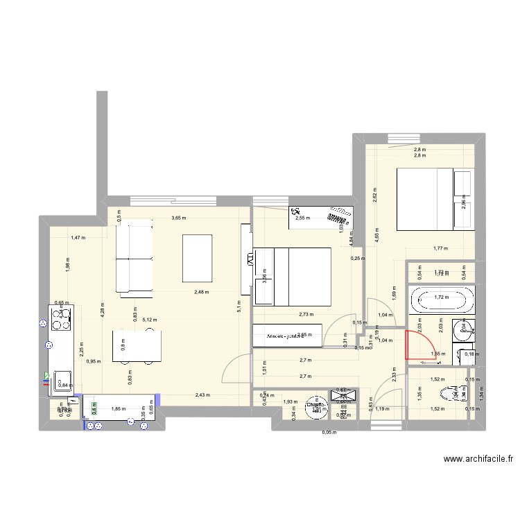 Appartement cuisine v2. Plan de 11 pièces et 60 m2
