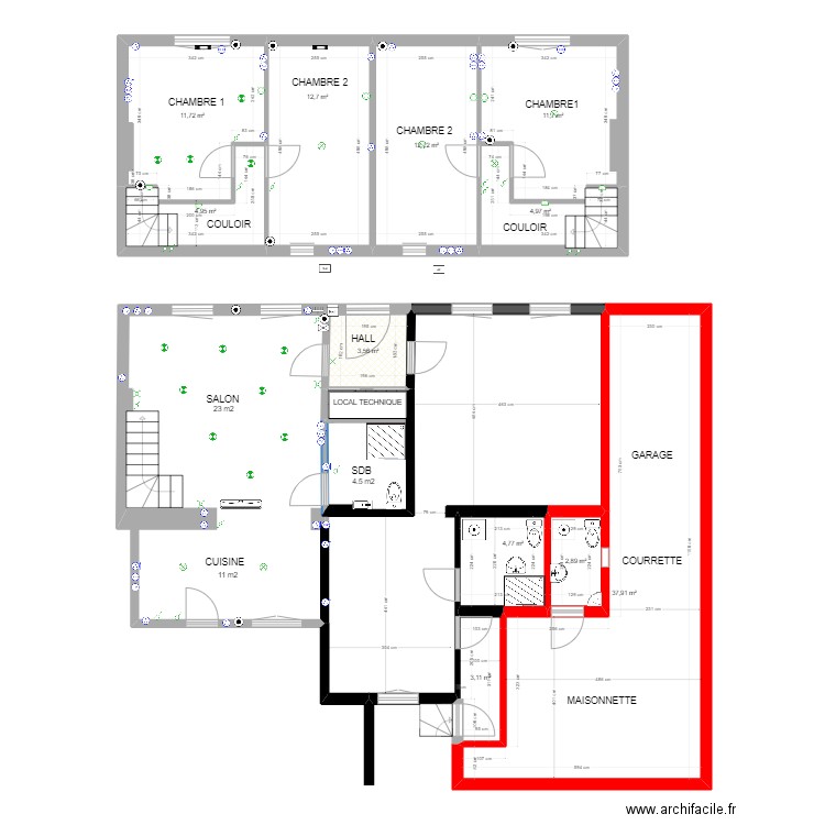 Etage #1 et # 2. Plan de 11 pièces et 111 m2