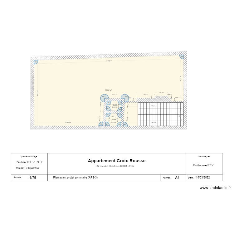 Appartement Croix-Rousse. Plan de 3 pièces et 79 m2