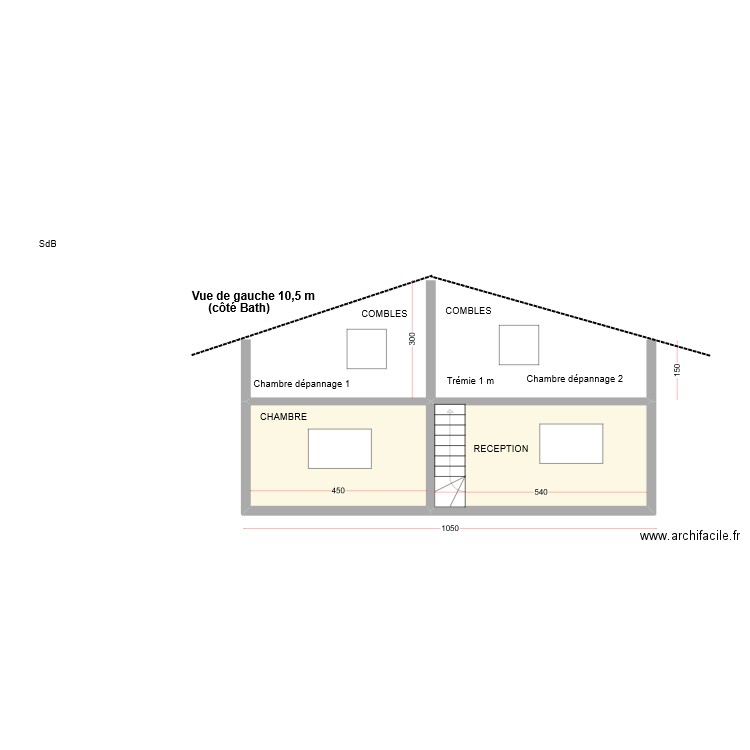 vue de gauche 11 m  côté Bath sans 2nd étage. Plan de 2 pièces et 26 m2