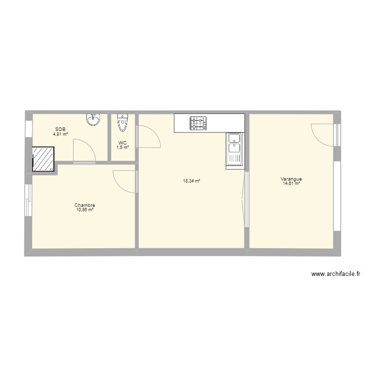 Plan Appartement Cul de Sac. Plan de 5 pièces et 50 m2