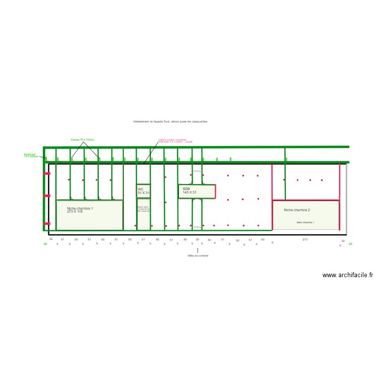 Ossature coté chambres. Plan de 1 pièce et 35 m2