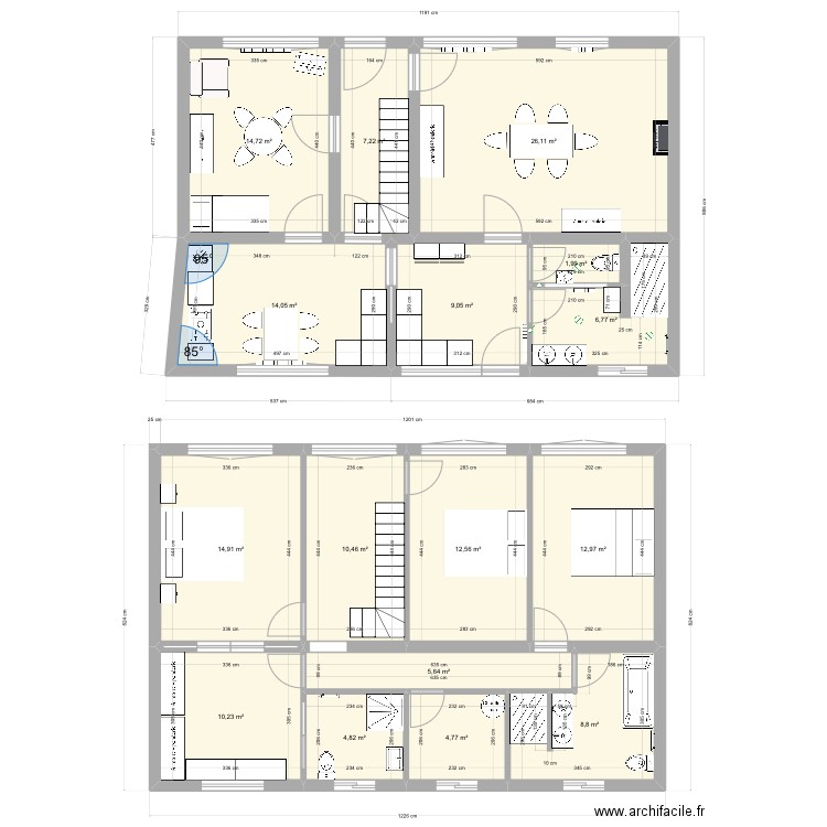 Hasnon V2. Plan de 16 pièces et 165 m2