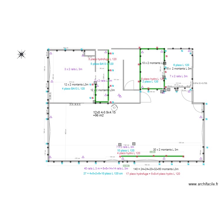 Calcul Placo rdc maison Thomery 2 sdd. Plan de 0 pièce et 0 m2